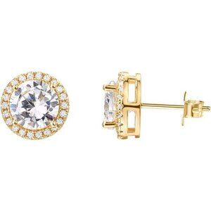 Gold halo stud earrings faux diamond cubic zirconia 925 sterling silver